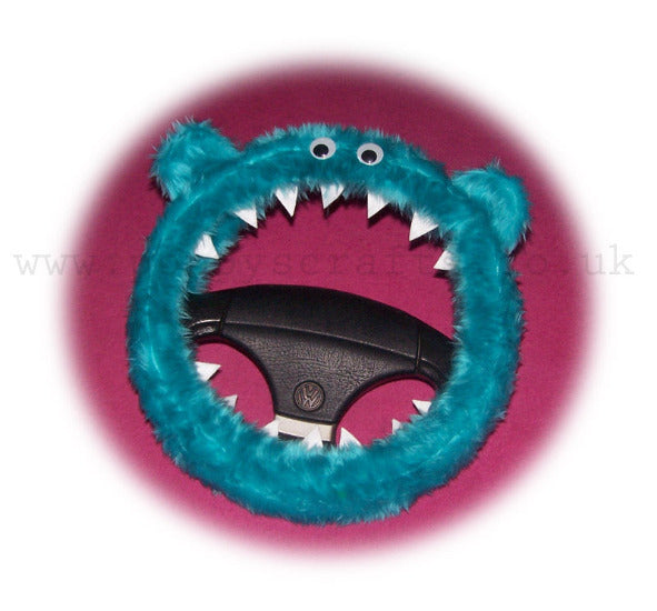 Turquoise / Teal Fuzzy monster car steering wheel cover Poppys Crafts