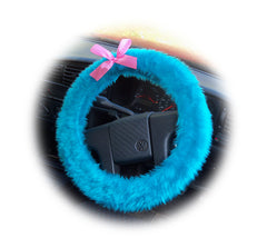 Turquoise / Teal fuzzy car steering wheel cover faux fur with Barbie Pink satin Bow Poppys Crafts