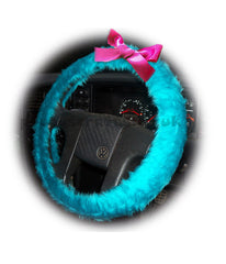 Turquoise / Teal fuzzy car steering wheel cover faux fur with Barbie Pink satin Bow Poppys Crafts