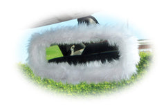 Pretty White fuzzy steering wheel cover with cute matching rearview mirror cover Poppys Crafts