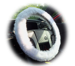 Pretty White fuzzy steering wheel cover with cute matching rearview mirror cover Poppys Crafts