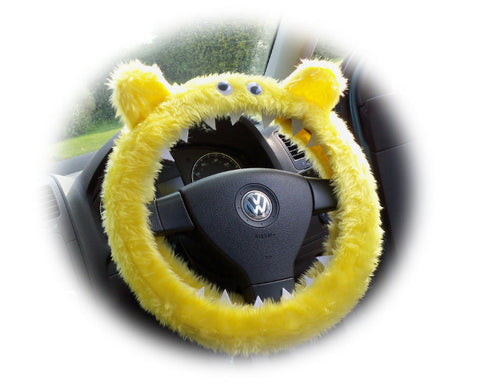 Fuzzy faux fur Yellow Monster steering wheel cover