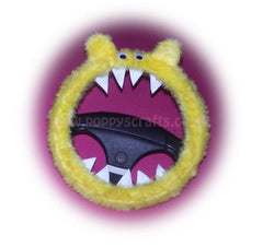 Fuzzy faux fur Yellow Monster steering wheel cover with googly eyes, ears, and teeth Poppys Crafts