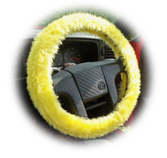 Sunshine Yellow Car Steering wheel cover & matching fuzzy faux fur seatbelt pad set Poppys Crafts