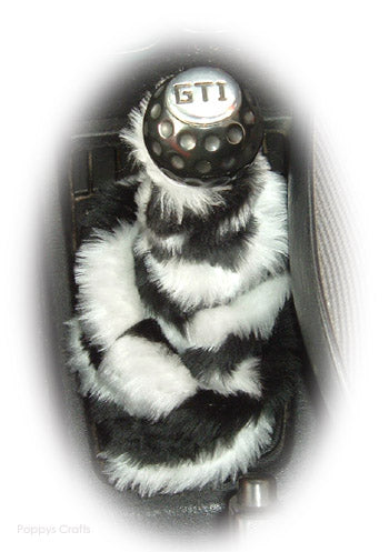 Zebra Stripe Black and White faux fur fluffy gear stick gaiter cover Poppys Crafts
